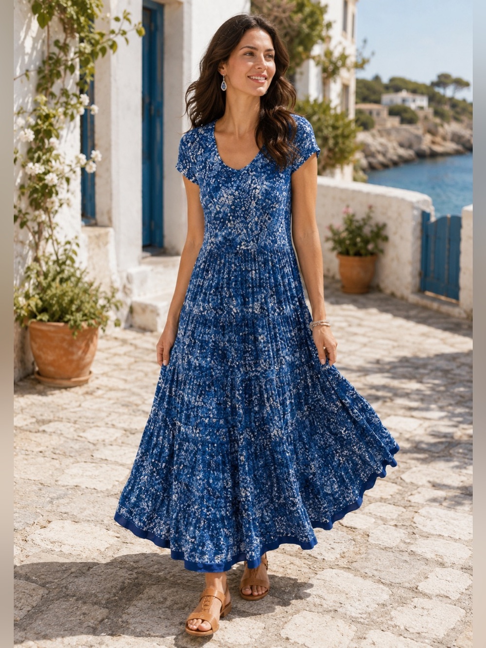Soft Surroundings Kara Blue Abstract Print Tiered Maxi Dress M Cottagecore Boho